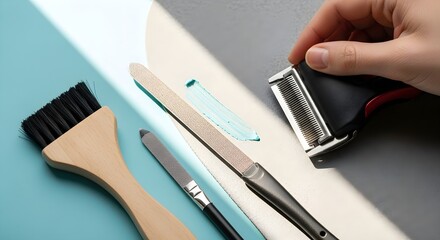 Close-up of tools used for creating textures in painting, including combs, brushes, and palette knives, arranged in a studio setting with natural lighting.