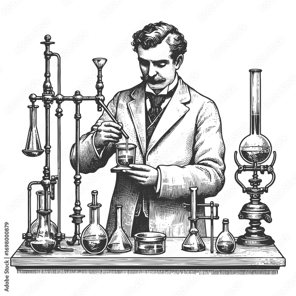 Aufkleber 19th century scientist working with glass flasks and chemistry equipment, symbolizing science and di