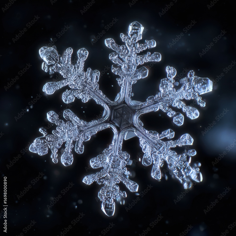 Poster intricate ice crystal snowflake with unique structure shimmering against dark background in winter w