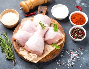 Raw chicken drumsticks on a wooden board with seasonings