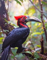 Red-crowned hornbill perched in rainforest