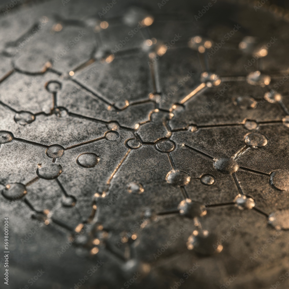 Poster intricate network design with droplets on metallic surface showcasing modern technology and artistic