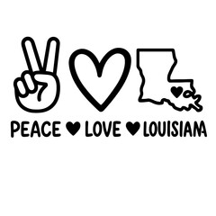 Peace love Louisiana with hand symbol heart and state outline black and white vector illustration
