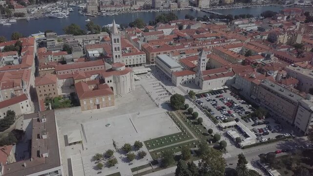 Dramatic drone shot of the stunning Roman Forum in Zadar, Croatia