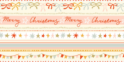 Seamless Christmas patterns with bow knots garland, stars and flags. Trendy xmas stripes design. Hand drawn vector illustration. Holiday background, wrapping paper.