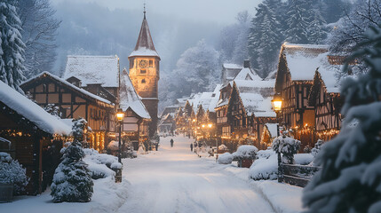 Snow-covered village street at twilight with festive lights and historic architecture in winter wonderland
