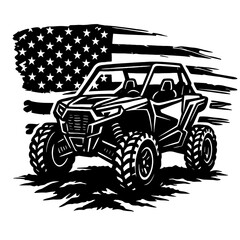 ATV quad bike off-road vehicle with USA flag background black and white vector for adventure and patriotic themes
