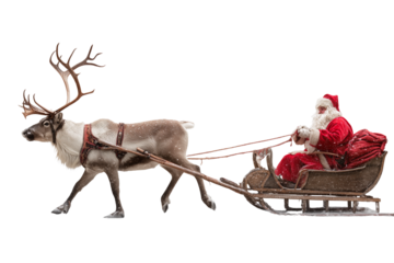 A Christmas reindeer pulling Santa’s sleigh, isolated on a transparent background.