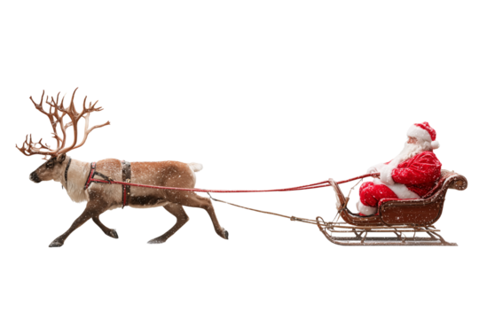 A Christmas reindeer pulling Santa’s sleigh, isolated on a transparent background.