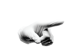 A gloved hand points right