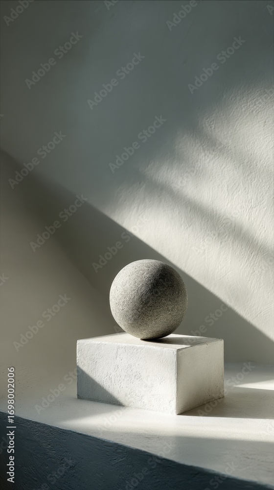 Poster minimalist concrete sphere on cubic base with natural light and shadows highlighting textures and sh