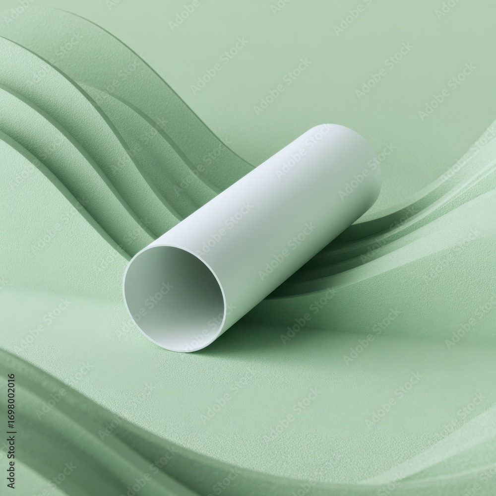 Poster minimalist green background with curved shapes and a white cylinder on soft textured surface in a st