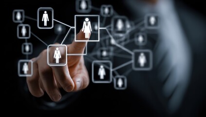 A hand interacts with a network of interconnected digital profiles