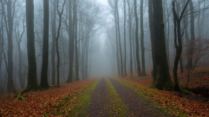 Fototapeta premium Serene autumnal woodland path; misty, mysterious ambiance; tall trees lining a gravel road strewn with fallen leaves; evocative, tranquil mood; perfect for travel, nature, or fantasy themes.
