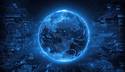 A glowing blue Earth surrounded by intricate circuit board patterns