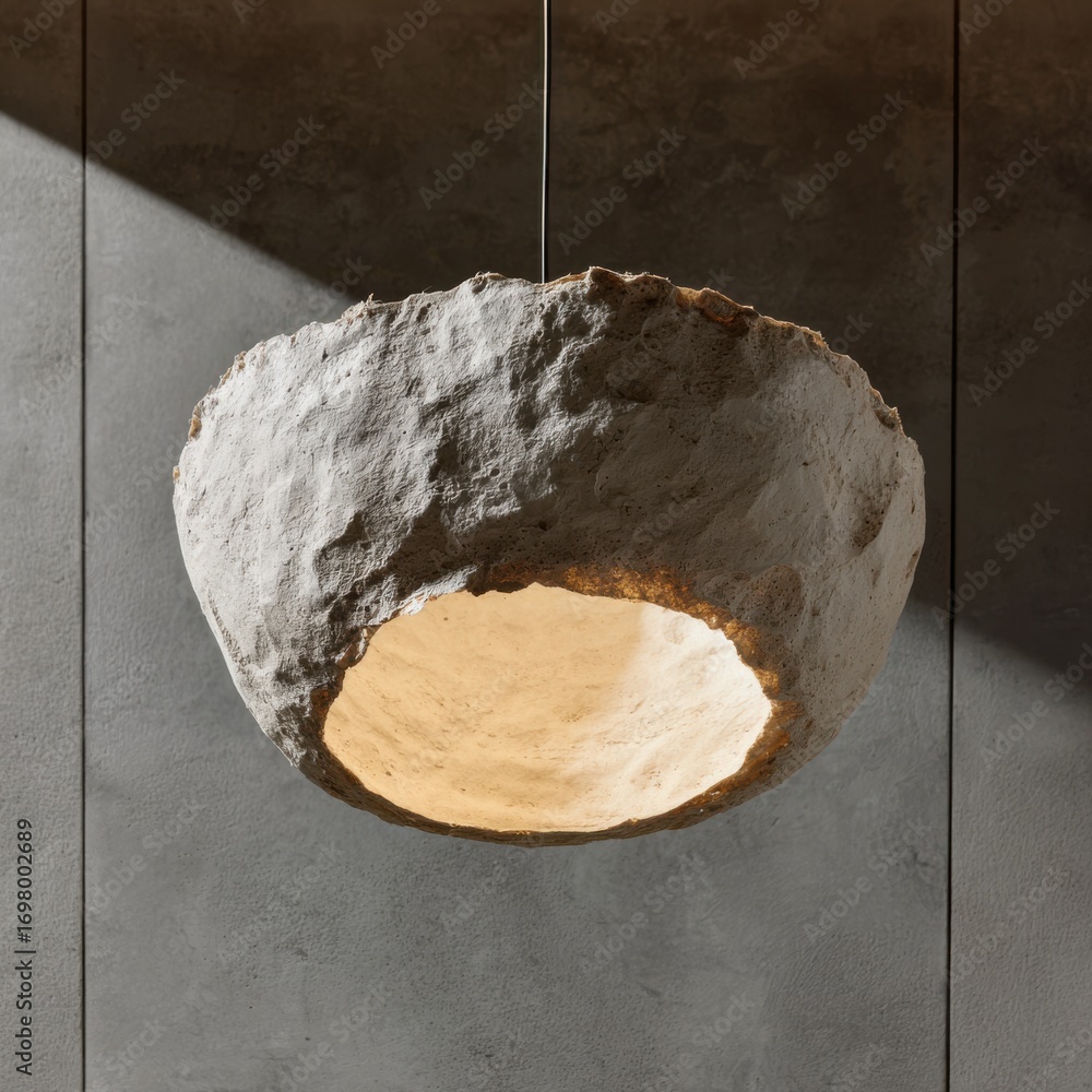 Poster modern pendant light with unique organic shape in minimalistic interior setting with soft illuminati
