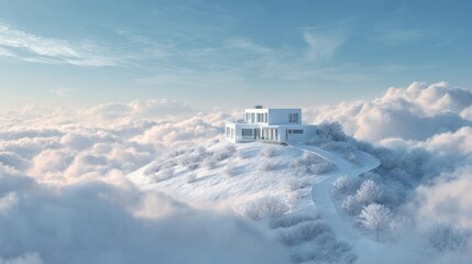 Modern white house perched on a snowy hill surrounded by fluffy clouds under a serene blue sky during winter season
