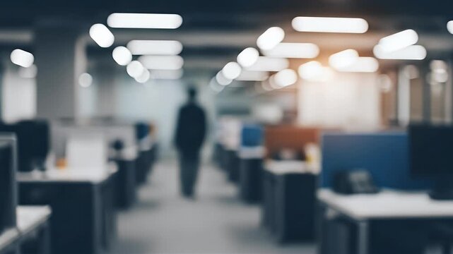 An outoffocus office scene featuring cubicles lighting and a blurred person walking away in the aisle