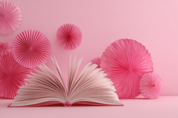 Open book on a soft pink background with decorative paper fans in various shades of pink for creative projects and design