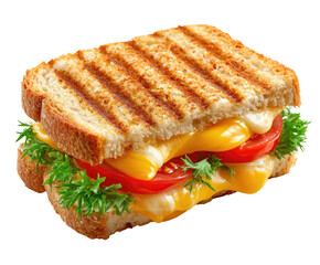 Grilled cheese sandwich with melted cheese, sliced tomatoes, and greens.  Crispy toasted bread
