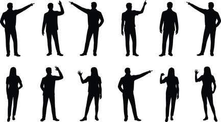 Collection of male and female silhouettes pointing and gesturing against a white background people woman