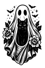 Gothic black cat with flowers crescent moon and mystical vibe in black and white vector silhouette style

