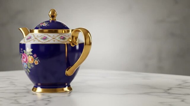 Rotating porcelain teapot on white background