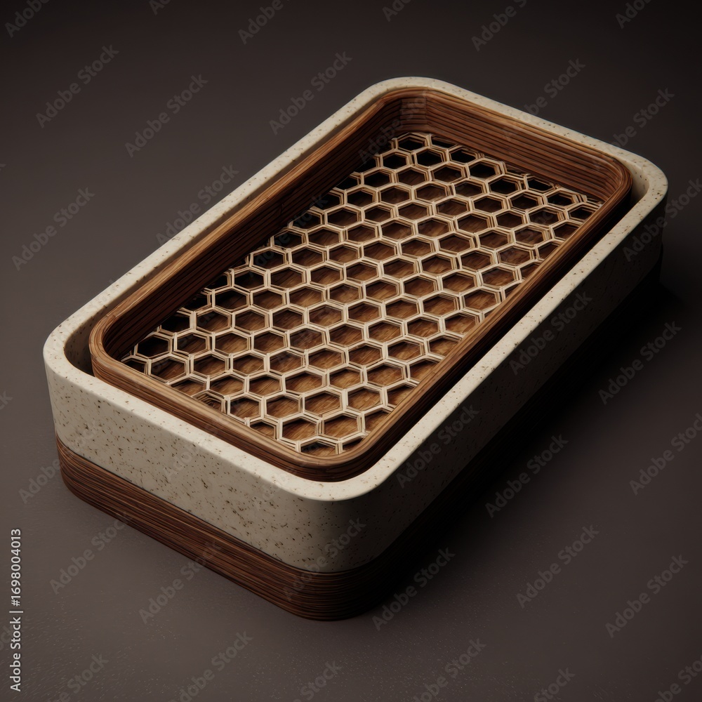 Poster rectangular modern container with honeycomb design crafted from wood and marble in elegant contrast 