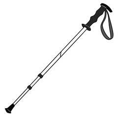 A simple black and white illustration of a single adjustable trekking pole with a black grip and strap