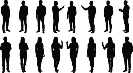 Diverse group of male and female silhouettes in various poses on white background Keywords: man woman silhouette person figure