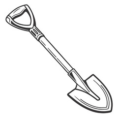 A simple black and white line drawing illustration of a garden spade tool on a white background