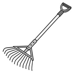 A simple cartoon illustration of a garden rake with a gray handle and tines on a white background