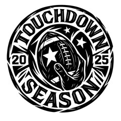 Touchdown season football graphic with helmet and ball vintage circular vector design
