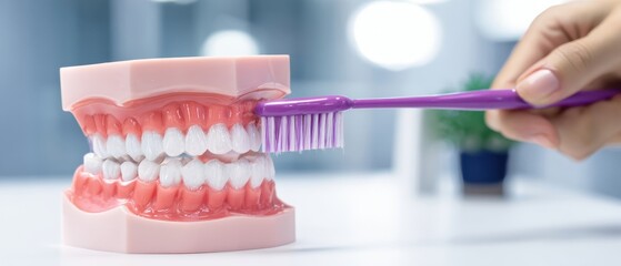 The dental model being brushed with a toothbrush for oral hygiene demonstration