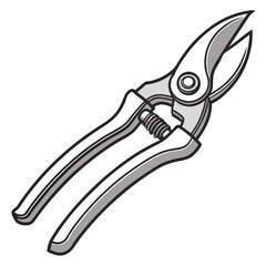 A simple illustration of a pair of metal pruning shears with black outlines and gray shading