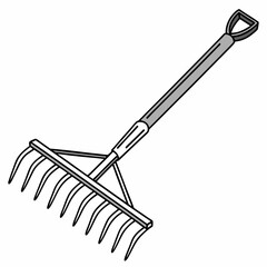 A simple line art illustration of a garden rake with a gray handle and tines on a white background