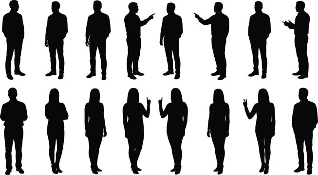 Diverse group of male and female silhouettes in various poses on white background Keywords: man woman silhouette person figure