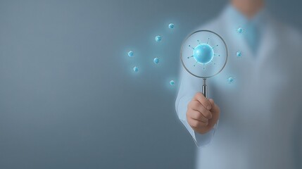Scientist in white coat holding magnifying glass, examining glowing virus particles, showcasing research and discovery in microbiology and health science with innovative technology