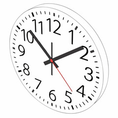 Close up isometric view of a white analog wall clock showing the time approximately ten minutes past ten