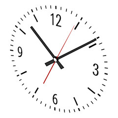 Close up of a simple white analog clock face with black hour and minute hands and a thin red second hand