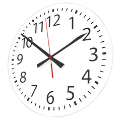 Close up of a white analog wall clock with black numbers and hands showing the time