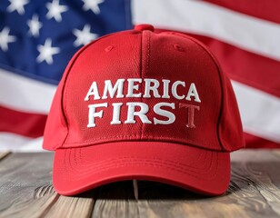 Red baseball cap with "America First" text (1)