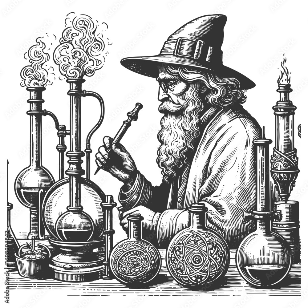 Poster old alchemist working in a laboratory surrounded by flasks, scales, and mysterious equipment sketch 