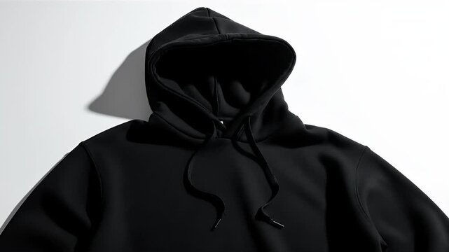 Black hoodie with hood up drawstrings dangling and shadows cast on a white surface
