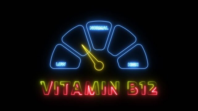 Animated neon glow vitamin B12 level meter rising from deficient to optimal, perfect for concepts related to energy, neurological health, and nutrient deficiency