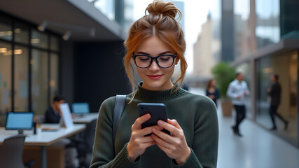 Fototapeta premium A young professional woman with red hair and glasses, smiling while using her smartphone in a modern office.