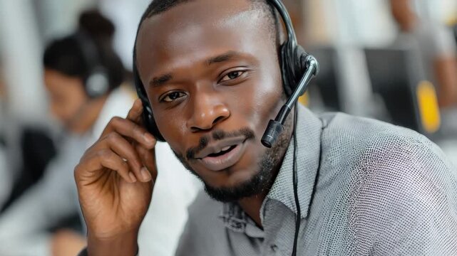 Happy african customer service agent smiling while assisting clients at a busy call center during the day for excellent customer support