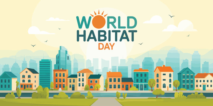 world habitat day illustration with sun-shaped globe, cityscape, mountains, and green spaces promoting sustainable urban living - Powered by Adobe