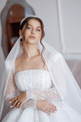Bridal portrait of a young woman in a sparkling wedding dress with veil indoors