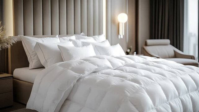 luxury hotel bed style with duvet and pillows zoom in video